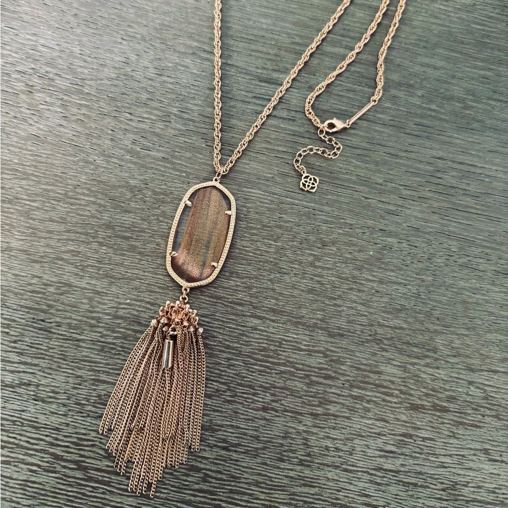 Kendra Scott Rayne Copper Gold Brown Glitter Pendant Chain Tassel Long Necklace